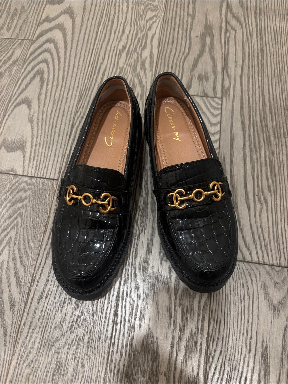Circus by Sam Edelman Black Croc-Embossed Loafers with Gold Chain Detail